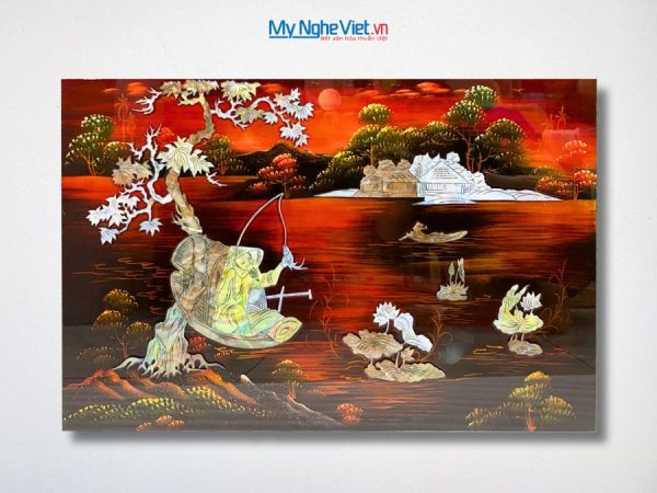 Tranh Sơn Mài Ngư Ông Câu Cá Cẩn Ốc Nền Ấm