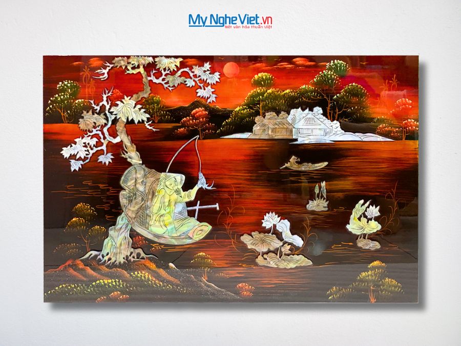 Tranh Sơn Mài Ngư Ông Câu Cá Cẩn Ốc Nền Ấm