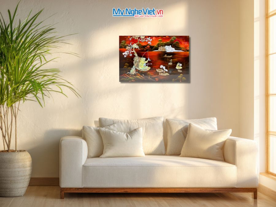 Tranh Sơn Mài Ngư Ông Câu Cá Cẩn Ốc Nền Ấm