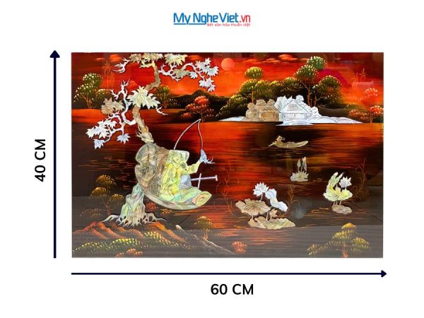 Tranh Sơn Mài Ngư Ông Câu Cá Cẩn Ốc Nền Ấm