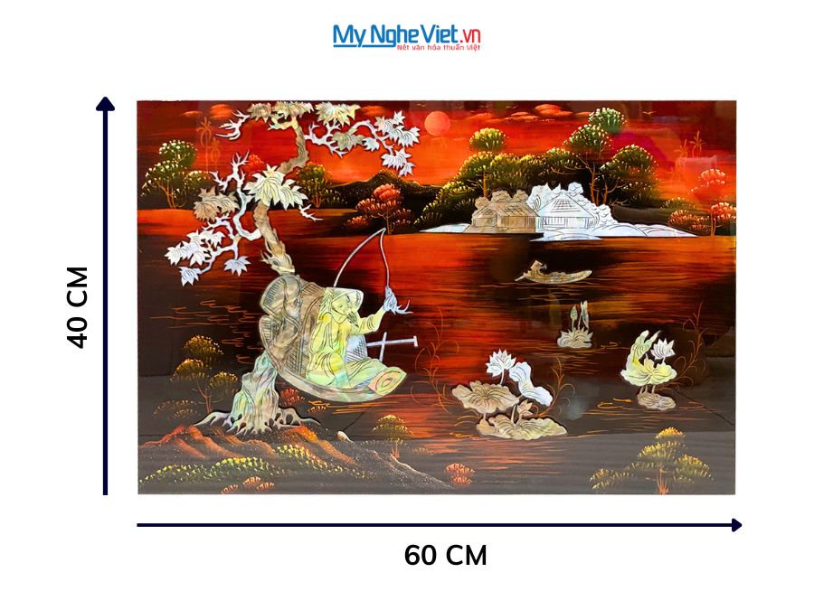 Tranh Sơn Mài Ngư Ông Câu Cá Cẩn Ốc Nền Ấm