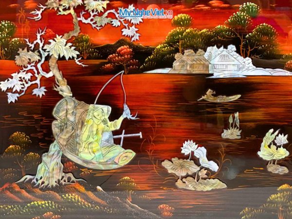 Tranh Sơn Mài Ngư Ông Câu Cá Cẩn Ốc Nền Ấm