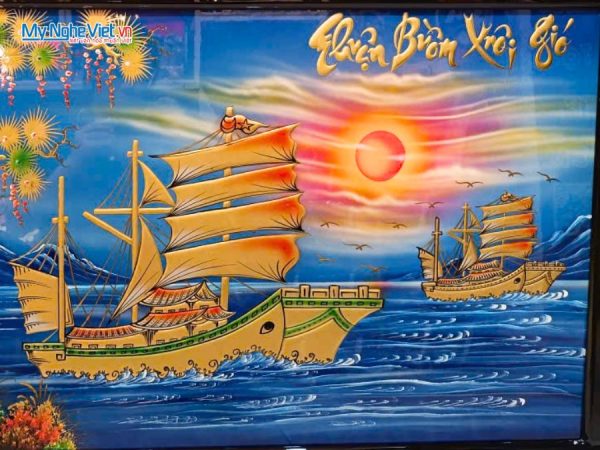 Tranh Sơn Mài Thuận Buồm Xuôi Gió Đắp Nổi Phù Điêu Nền Xanh
