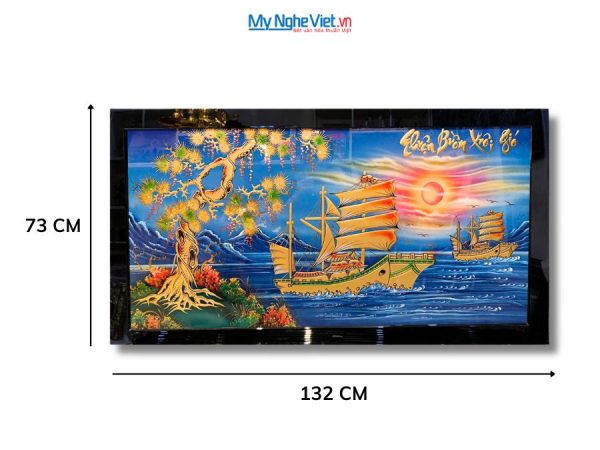 Tranh Sơn Mài Thuận Buồm Xuôi Gió Đắp Nổi Phù Điêu Nền Xanh