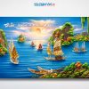 Tranh Sơn Mài Thuận Buồm Xuôi Gió Cẩn Ốc Nền Xanh