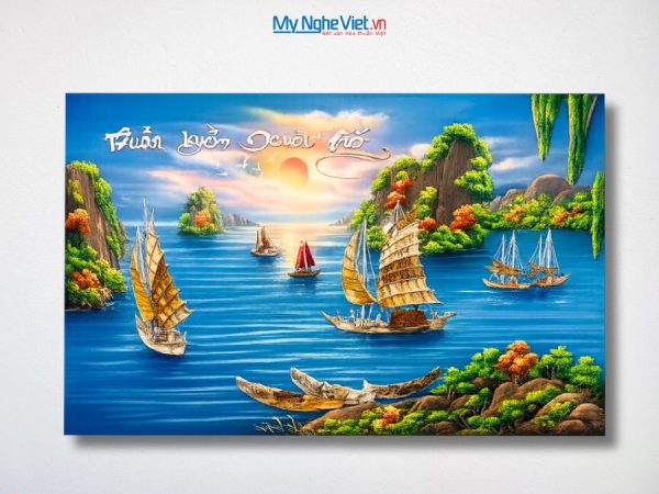 Tranh Sơn Mài Thuận Buồm Xuôi Gió Cẩn Ốc Nền Xanh