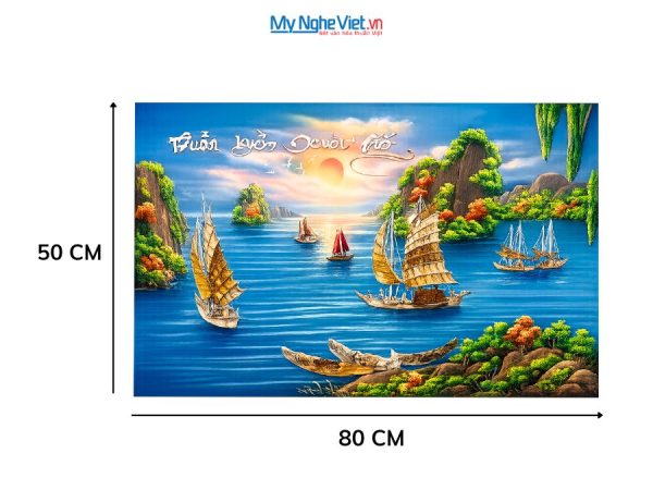 Tranh Sơn Mài Thuận Buồm Xuôi Gió Cẩn Ốc Nền Xanh