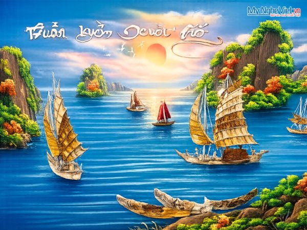 Tranh Sơn Mài Thuận Buồm Xuôi Gió Cẩn Ốc Nền Xanh