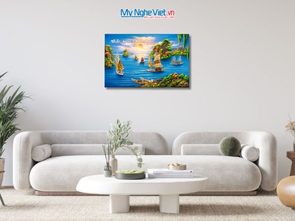 Tranh Sơn Mài Thuận Buồm Xuôi Gió Cẩn Ốc Nền Xanh
