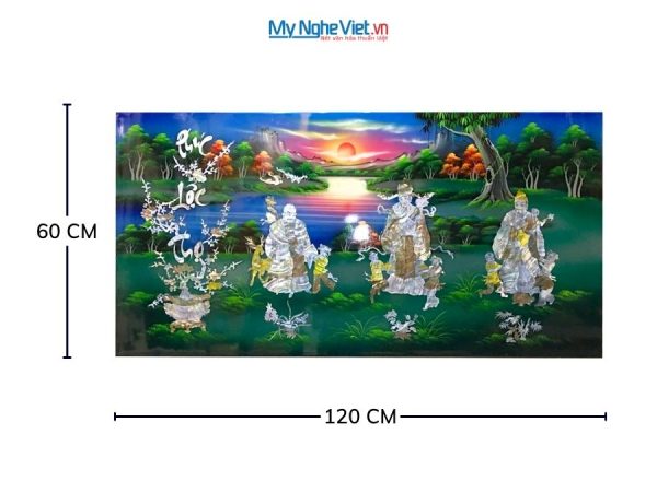 Tranh Sơn Mài Phúc Lộc Thọ Cẩn Ốc Nền Xanh