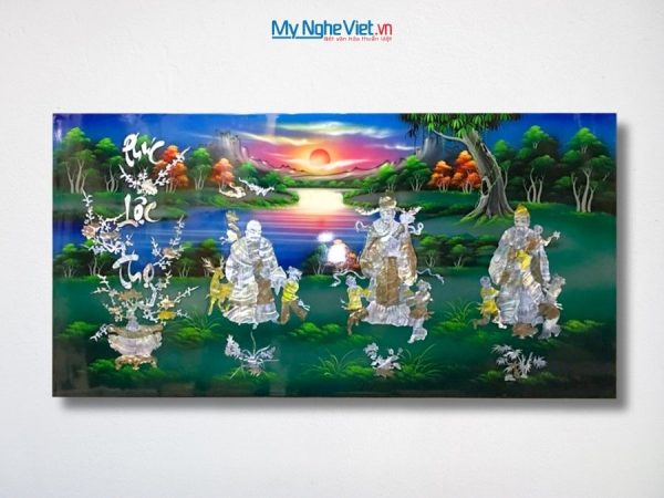 Tranh Sơn Mài Phúc Lộc Thọ Cẩn Ốc Nền Xanh