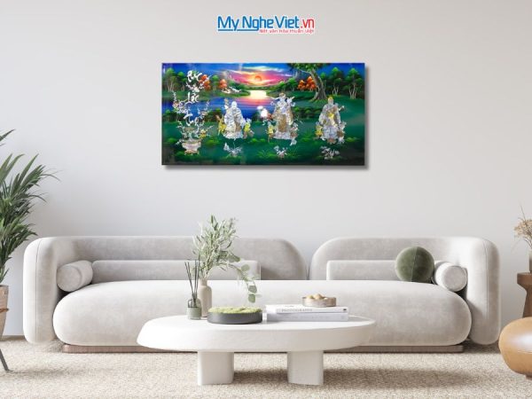 Tranh Sơn Mài Phúc Lộc Thọ Cẩn Ốc Nền Xanh