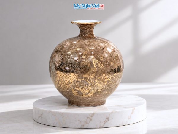 Bình Hút Tài Lộc Chim Công Hoa Sen Men Vân Đá Nâu