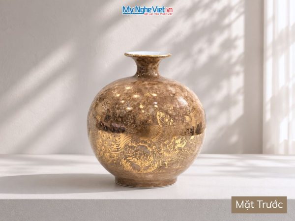 Bình Hút Tài Lộc Chim Công Hoa Sen Men Vân Đá Nâu