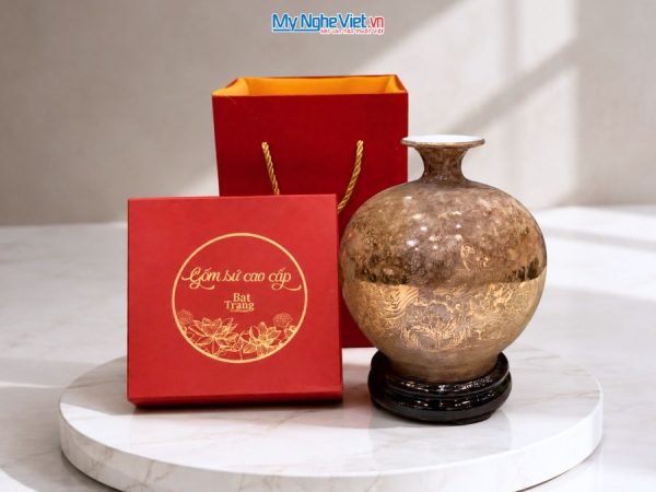 Bình Hút Tài Lộc Chim Công Hoa Sen Men Vân Đá Nâu