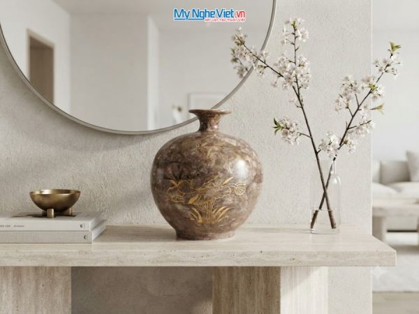Bình Hút Tài Lộc Chim Công Hoa Sen Men Vân Đá Nâu