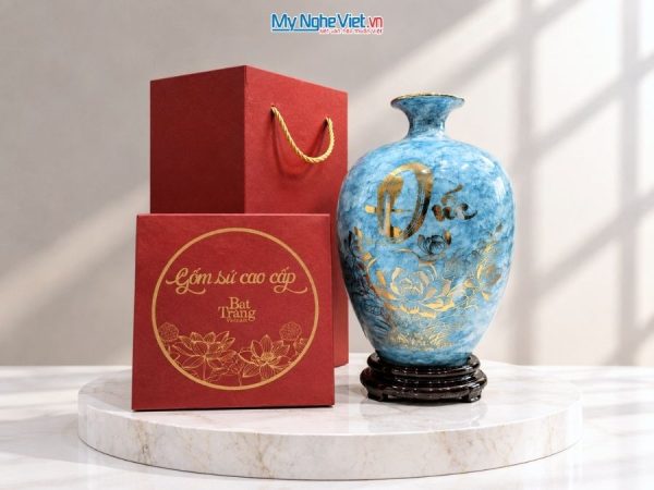 Bình Hút Tài Lộc Dáng Cao Chữ Phúc Đức Men Vân Đá Xanh