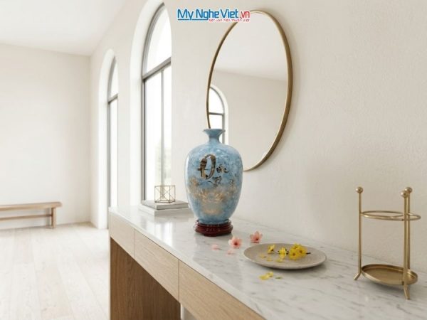 Bình Hút Tài Lộc Dáng Cao Chữ Phúc Đức Men Vân Đá Xanh