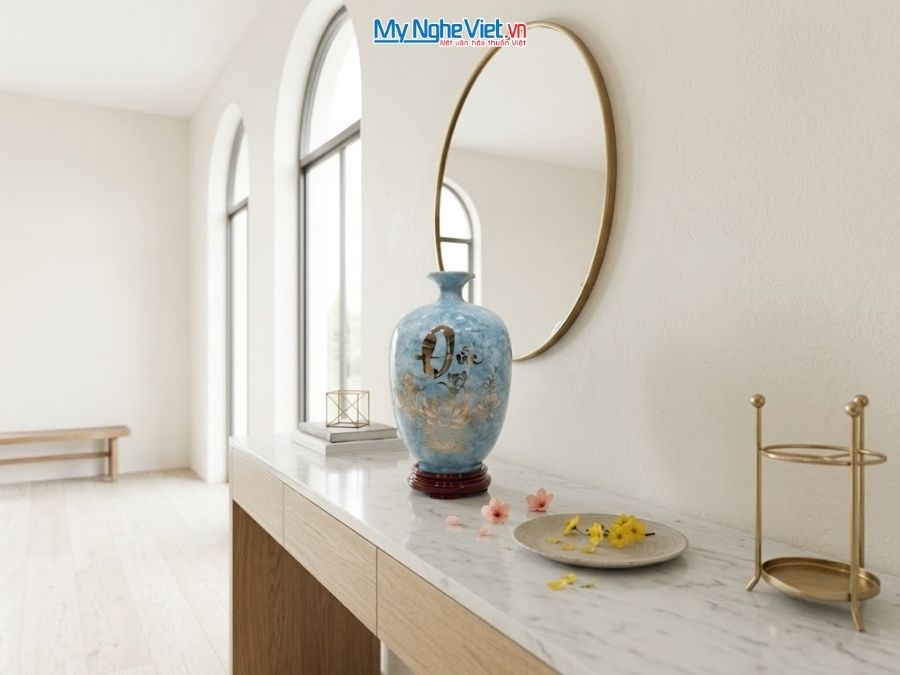 Bình Hút Tài Lộc Dáng Cao Chữ Phúc Đức Men Vân Đá Xanh
