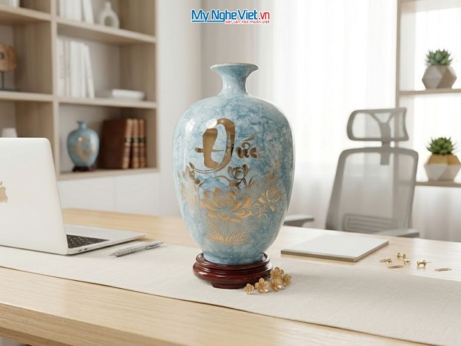 Bình Hút Tài Lộc Dáng Cao Chữ Phúc Đức Men Vân Đá Xanh