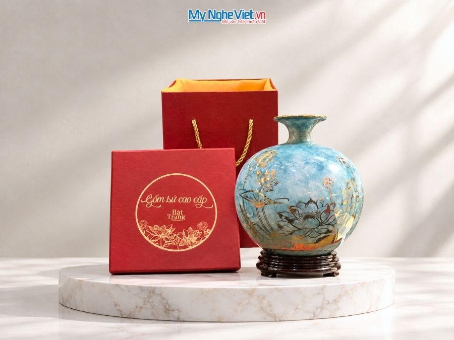 Bình Hút Tài Lộc Hoa Sen Men Vân Đá Xanh