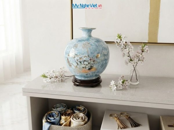 Bình Hút Tài Lộc Hoa Sen Men Vân Đá Xanh