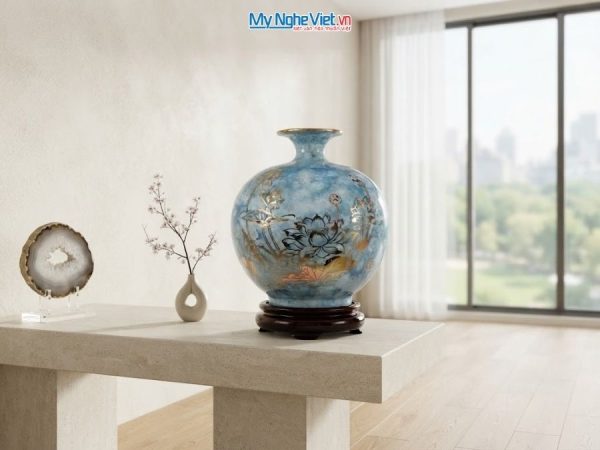 Bình Hút Tài Lộc Hoa Sen Men Vân Đá Xanh