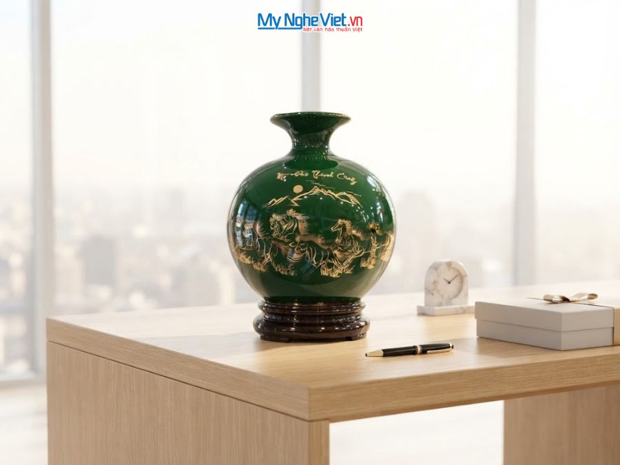 Bình Hút Tài Lộc Mã Đáo Thành Công Nền Xanh