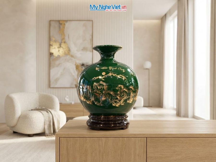 Bình Hút Tài Lộc Mã Đáo Thành Công Nền Xanh