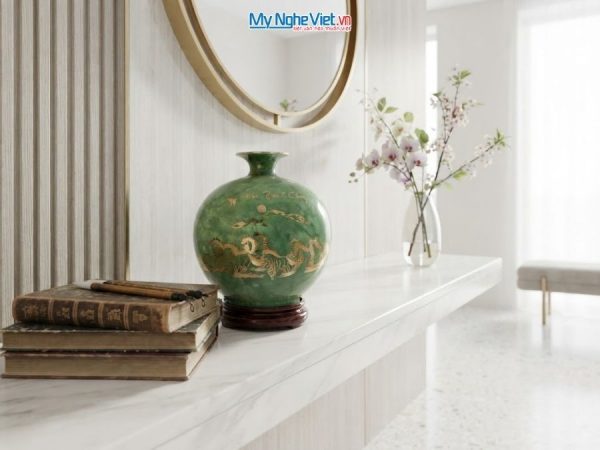 Bình Hút Tài Lộc Mã Đáo Thành Công Men Vân Đá Xanh