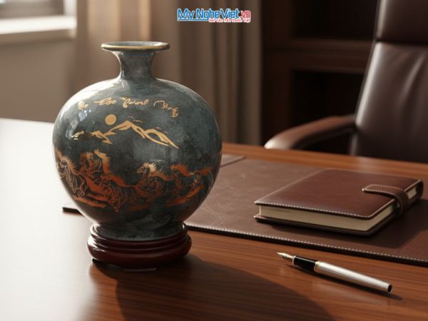 Bình Hút Tài Lộc Mã Đáo Thành Công Men Vân Đá Xám