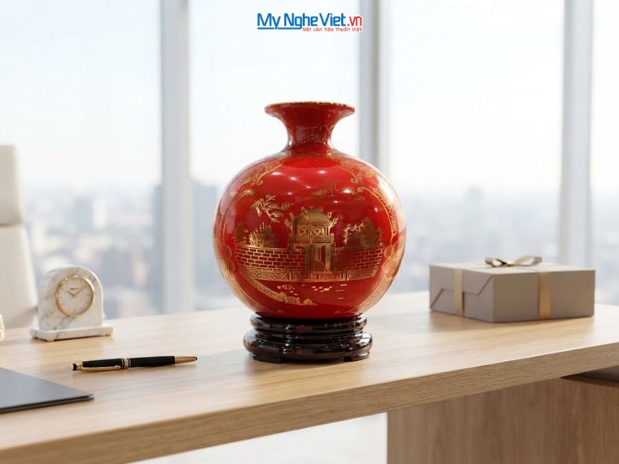 Bình Hút Tài Lộc Vẽ Tam Cảnh Hà Nội Nền Đỏ