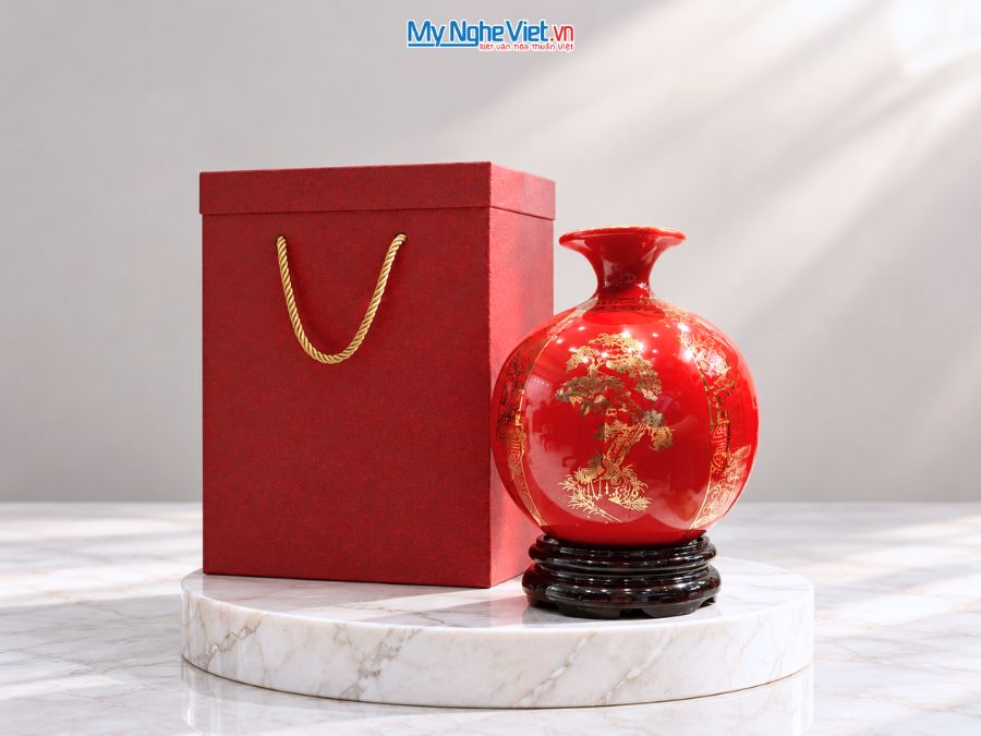 Bình Hút Tài Lộc Tứ Cảnh Tùng Cúc Trúc Mai Nền Đỏ