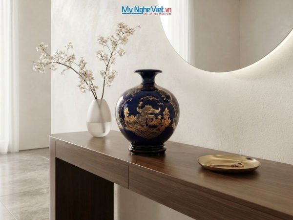 Bình Hút Tài Lộc Vẽ Tam Cảnh Hà Nội Nền Xanh Coban