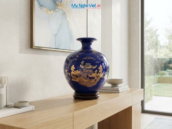 Bình Hút Tài Lộc Vẽ Tam Cảnh Hà Nội Nền Xanh Coban