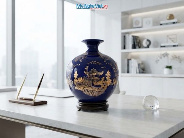 Bình Hút Tài Lộc Vẽ Tam Cảnh Hà Nội Nền Xanh Coban