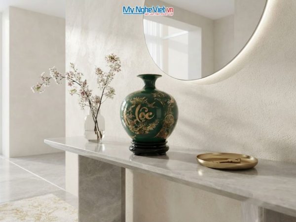 Bình Hút Tài Lộc Vẽ Tam Cảnh Phúc Lộc Thọ Nền Xanh