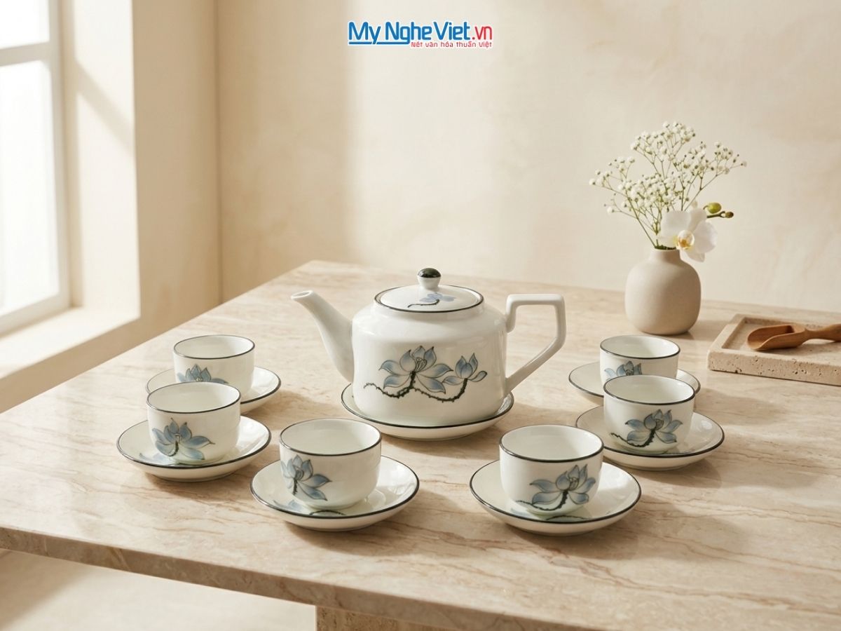 Bộ bình trà men kem dáng vuông vẽ sen