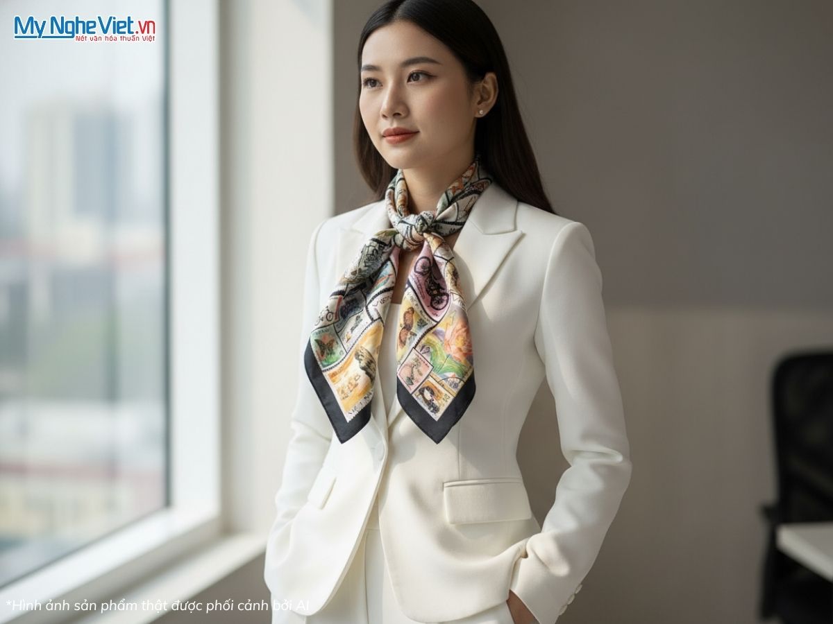 Khăn vuông lụa tơ tằm in họa tiết nghệ thuật