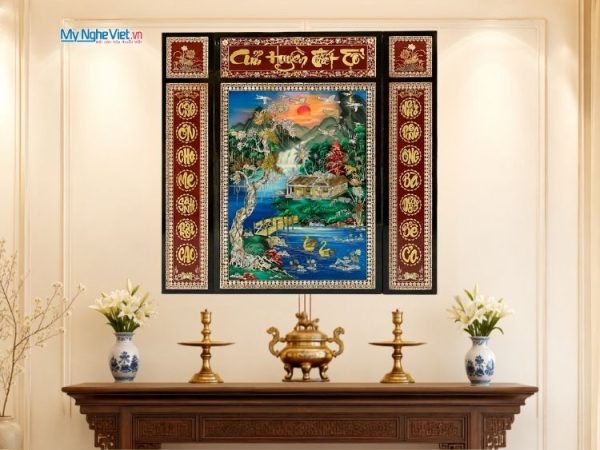 Liễn Thờ Sơn Mài Cửu Huyền Thất Tổ Cẩn Ốc Nền Xanh 107x107(cm) SMA195/107