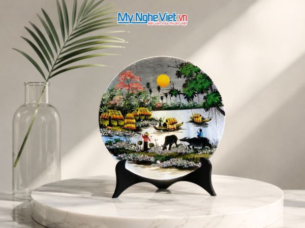 Tranh Đĩa Sơn Mài Đồng Quê Dát Bạc