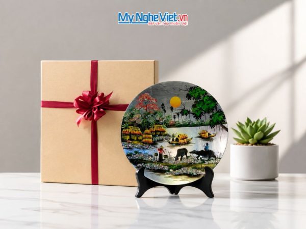 Tranh Đĩa Sơn Mài Đồng Quê Dát Bạc
