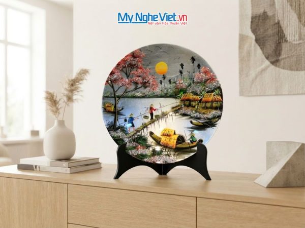 Tranh Đĩa Sơn Mài Đồng Quê Dát Bạc