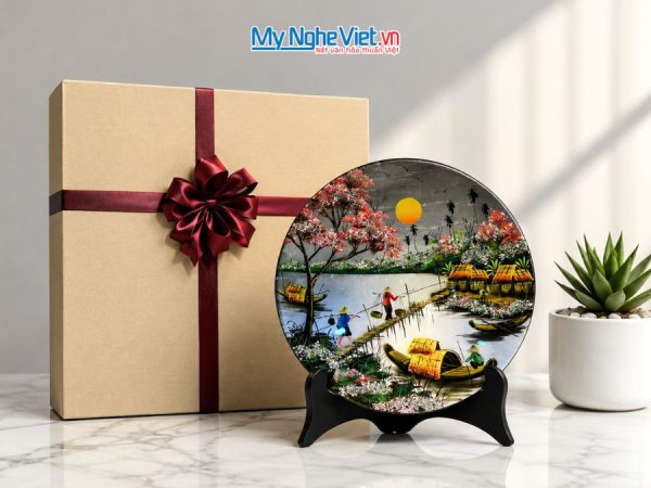 Tranh Đĩa Sơn Mài Đồng Quê Dát Bạc