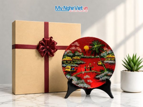 Tranh Đĩa Sơn Mài Đồng Quê Dát Bạc