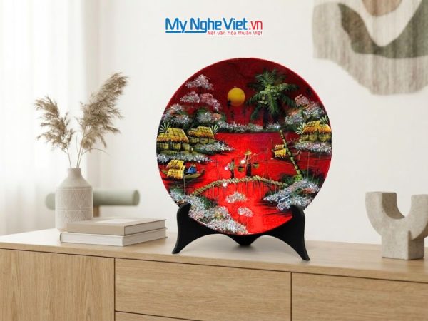 Tranh Đĩa Sơn Mài Đồng Quê Dát Bạc