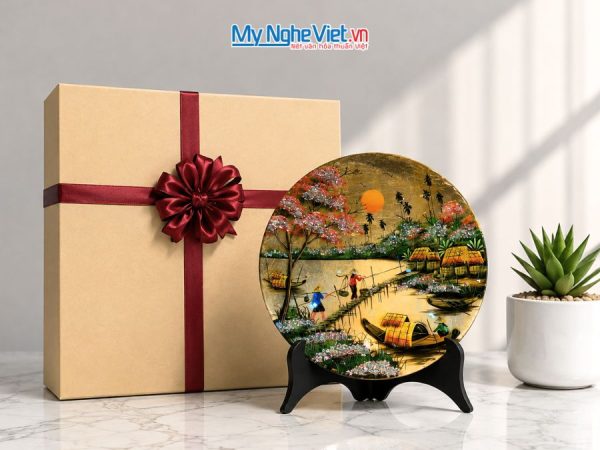 Tranh Đĩa Sơn Mài Đồng Quê Dát Bạc