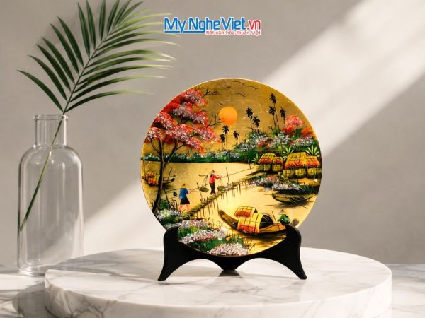Tranh Đĩa Sơn Mài Đồng Quê Dát Bạc