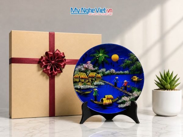 Tranh Đĩa Sơn Mài Đồng Quê Dát Bạc