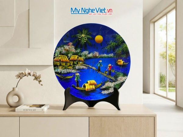 Tranh Đĩa Sơn Mài Đồng Quê Dát Bạc